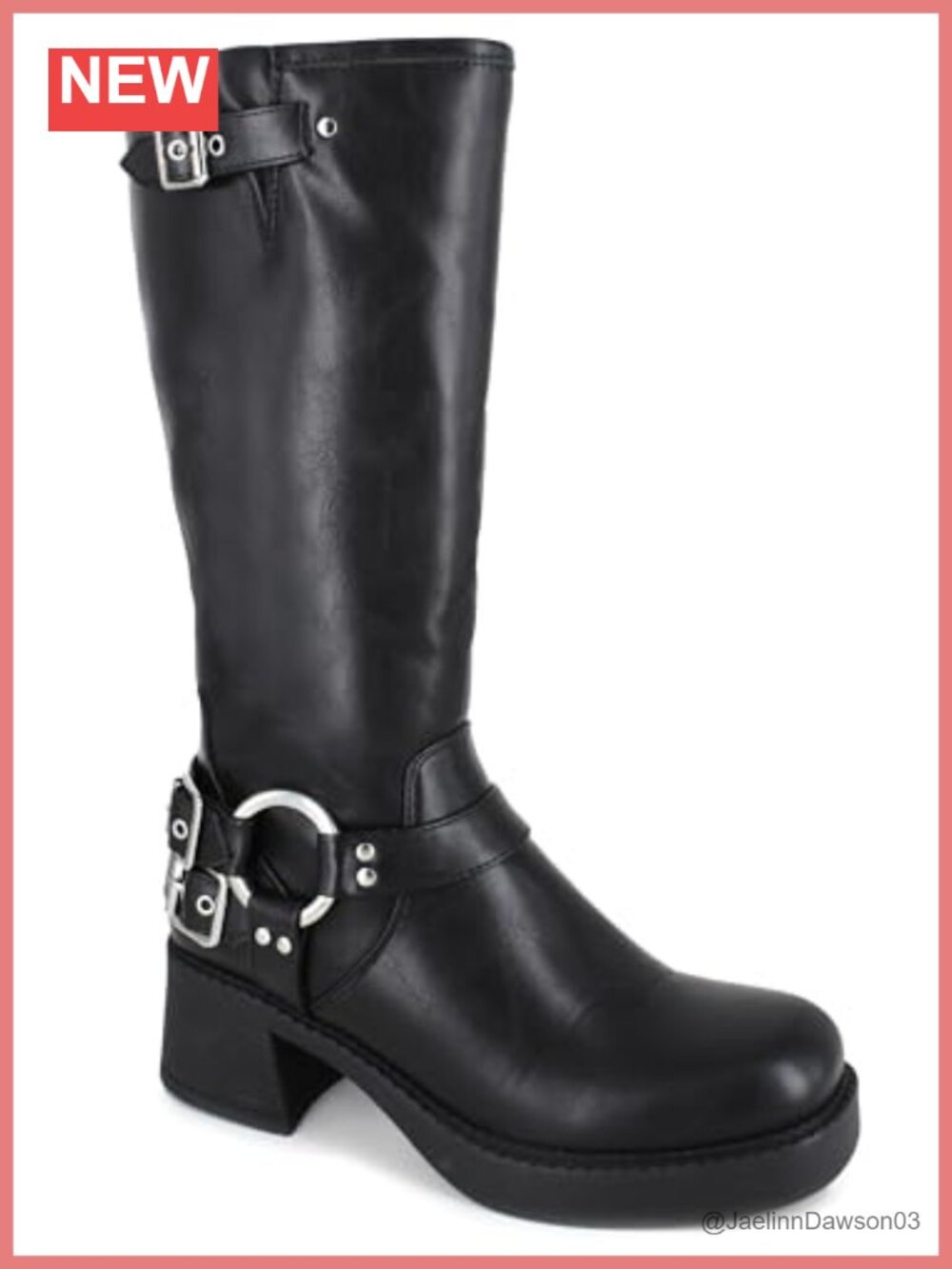 Faux Leather Knee-High Motorcycle Boots with Buckle Hardware and Side Zip